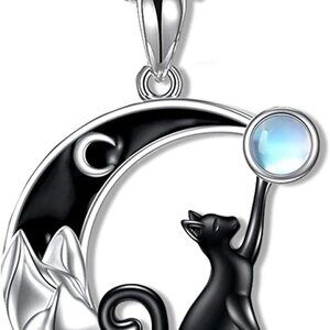 Celtic Moon Black Cat Necklace Cute Animal Kitten Vintage Handmade Crystal Moons